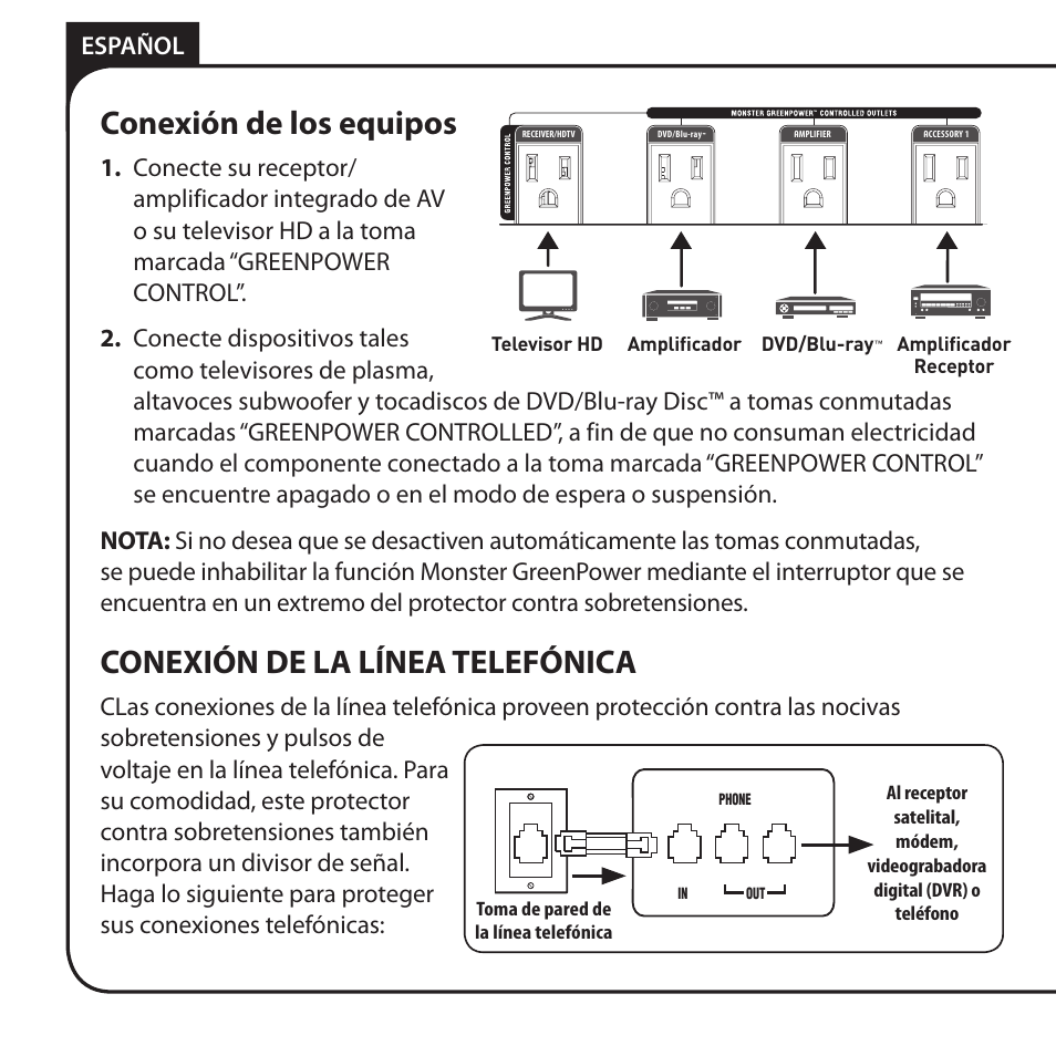 Conexión de los equipos, Conexión de la línea telefónica, Español | Monster JP 800G User Manual | Page 48 / 62