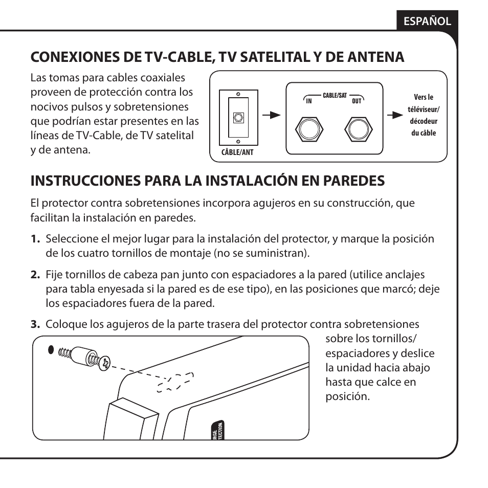 Conexiones de tv-cable, tv satelital y de antena, Instrucciones para la instalación en paredes, Español | Monster JP 800G User Manual | Page 49 / 62