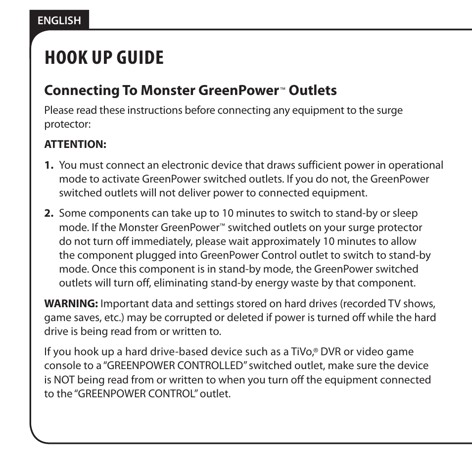 Hook up guide, Connecting to monster greenpower, Outlets | Monster JP 800G User Manual | Page 6 / 62