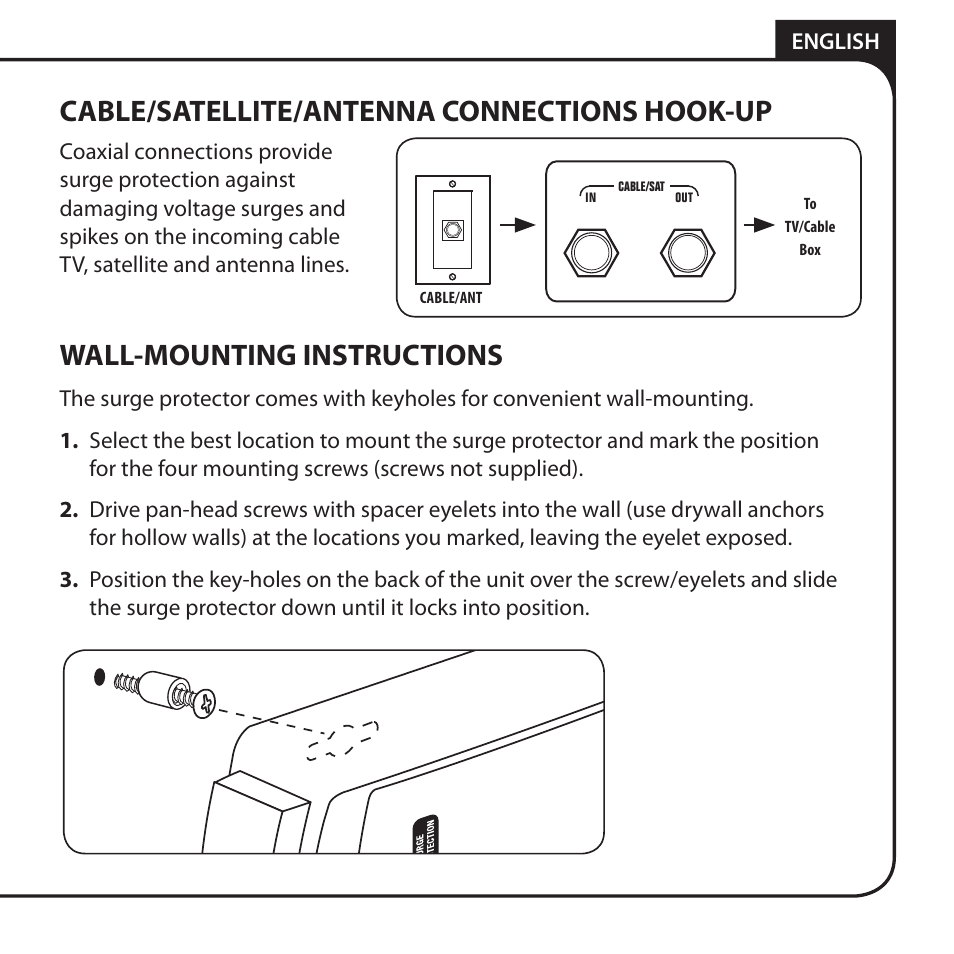Cable/satellite/antenna connections hook-up, Wall-mounting instructions, English | Monster JP 800G User Manual | Page 9 / 62