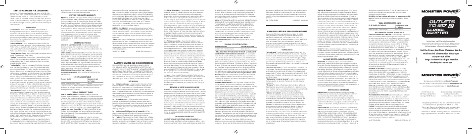 Monster Outlets To Go 200 Global Adapter User Manual | 2 pages