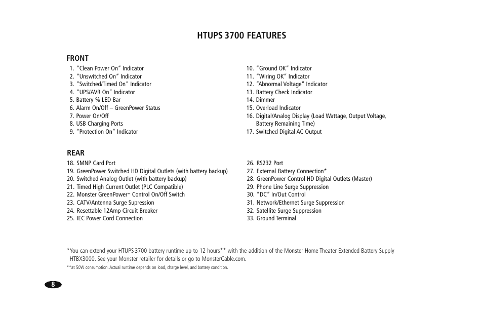 Htups, 3700 features, Front | Rear | Monster HTUPS 3700 User Manual | Page 16 / 62