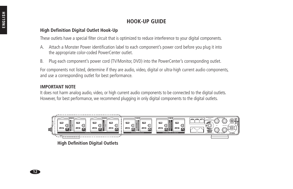 Hook-up guide, High definition digital outlets, English | Hts 1900g | Monster HTS 1900G User Manual | Page 20 / 120