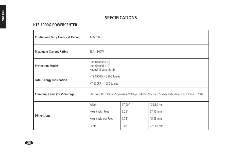 Specifications, Hts 1900g powercenter | Monster HTS 1900G User Manual | Page 34 / 120