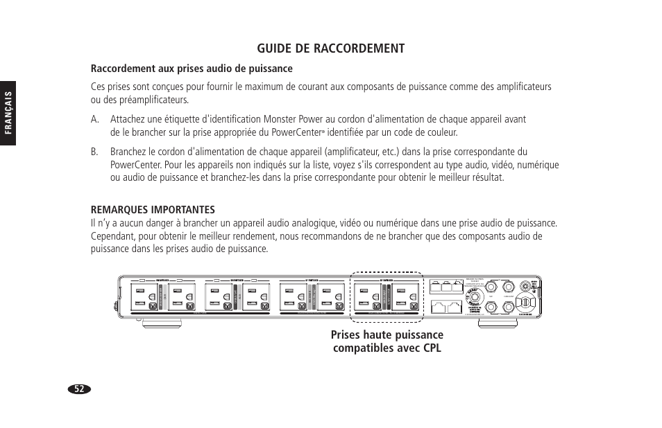 Guide de raccordement, Prises haute puissance compatibles avec cpl, Français | Hts 1900g | Monster HTS 1900G User Manual | Page 60 / 120