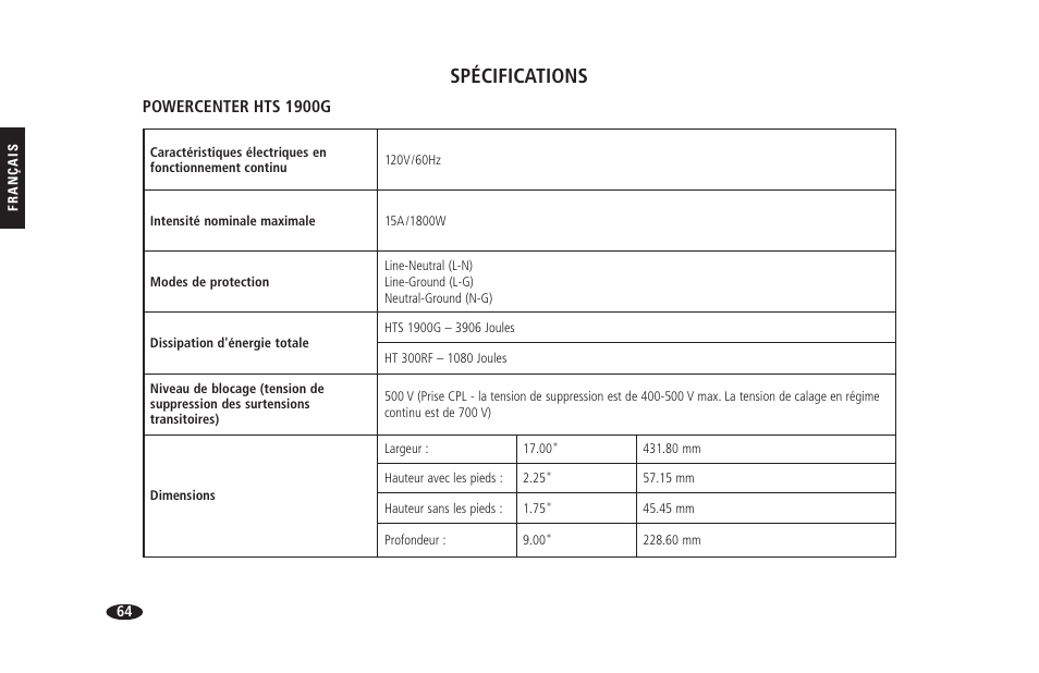 Spécifications, Powercenter hts 1900g | Monster HTS 1900G User Manual | Page 72 / 120