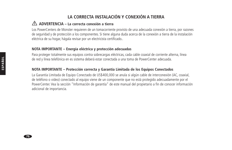 La correcta instalación y conexión a tierra | Monster HTS 1900G User Manual | Page 84 / 120