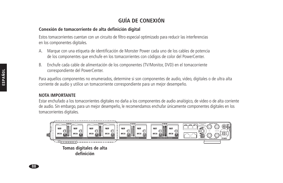 Guía de conexión, Tomas digitales de alta definición, Esp añol | Hts 1900g | Monster HTS 1900G User Manual | Page 96 / 120