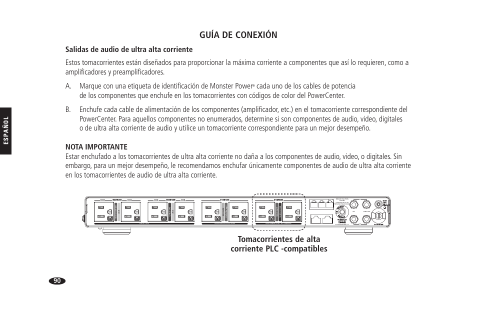 Guía de conexión, Tomacorrientes de alta corriente plc -compatibles, Esp añol | Hts 1900g | Monster HTS 1900G User Manual | Page 98 / 120