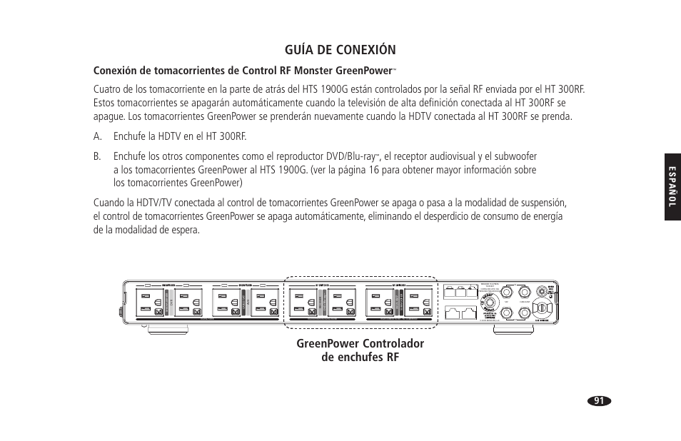 Guía de conexión, Greenpower controlador de enchufes rf, Esp añol | Hts 1900g | Monster HTS 1900G User Manual | Page 99 / 120