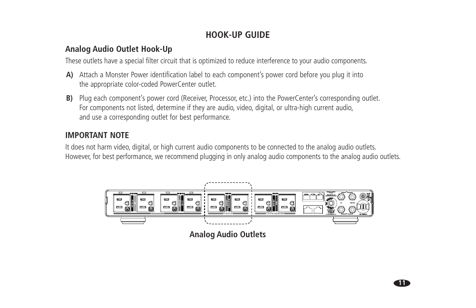 Hook-up guide, Analog audio outlet hook-up, Analog audio outlets | Hts 1700 | Monster HTS 1700 User Manual | Page 17 / 100