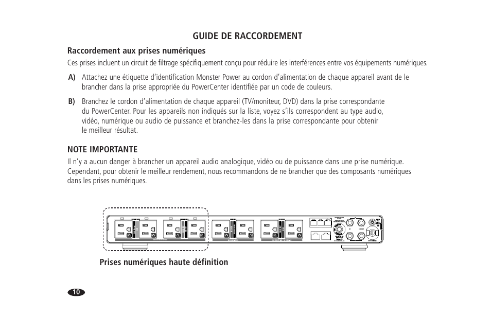 Guide de raccordement, Raccordement aux prises numériques, Prises numériques haute définition | Hts 1700 | Monster HTS 1700 User Manual | Page 48 / 100