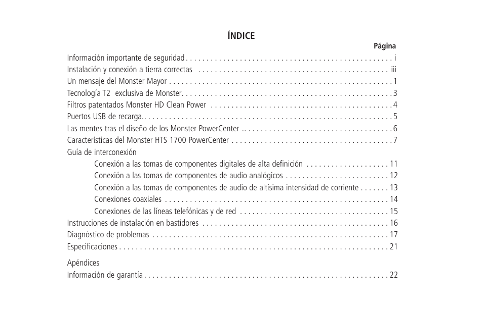 Índice | Monster HTS 1700 User Manual | Page 69 / 100