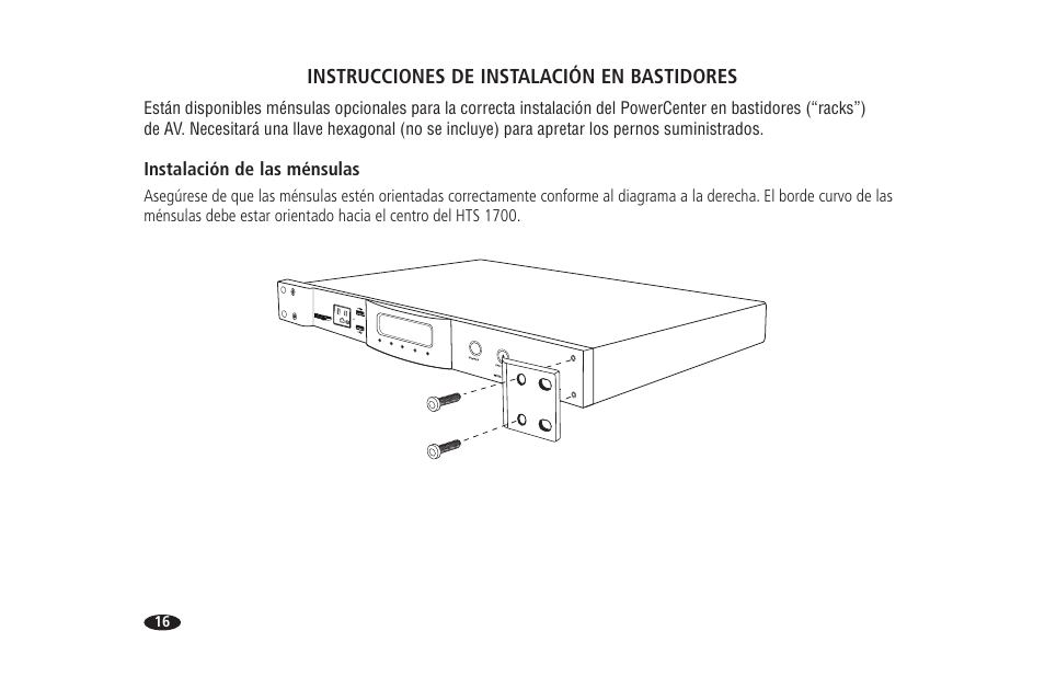 Instrucciones de instalación en bastidores, Instalación de las ménsulas | Monster HTS 1700 User Manual | Page 88 / 100