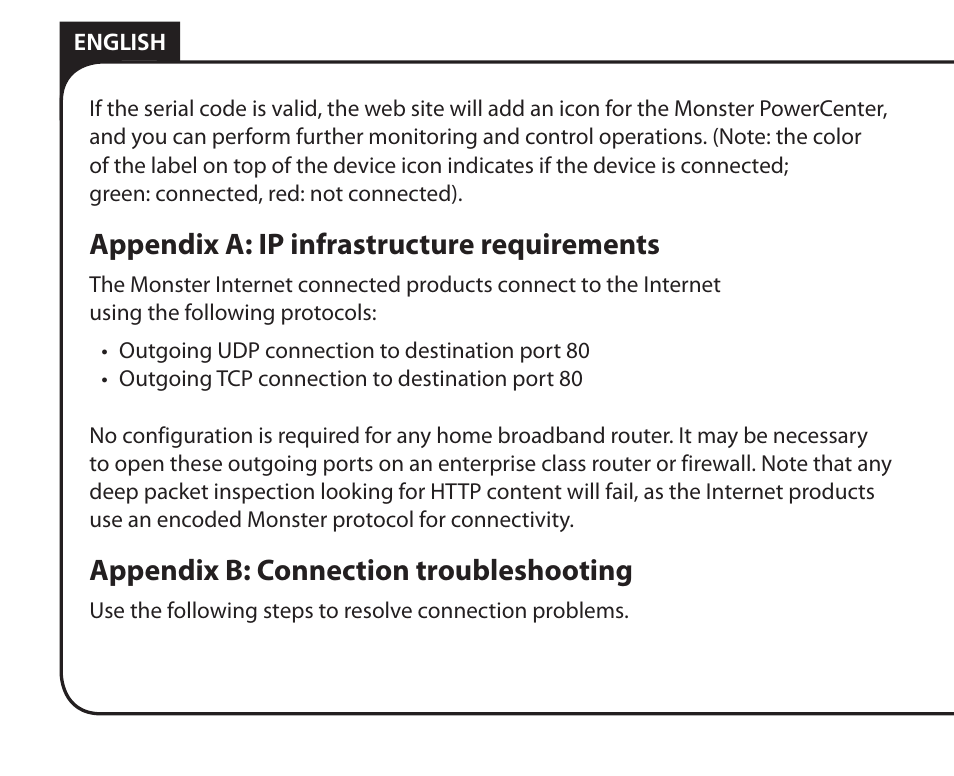 Appendix a: ip infrastructure requirements, Appendix b: connection troubleshooting | Monster Remote Access RF/IP Card 100 User Manual | Page 10 / 50