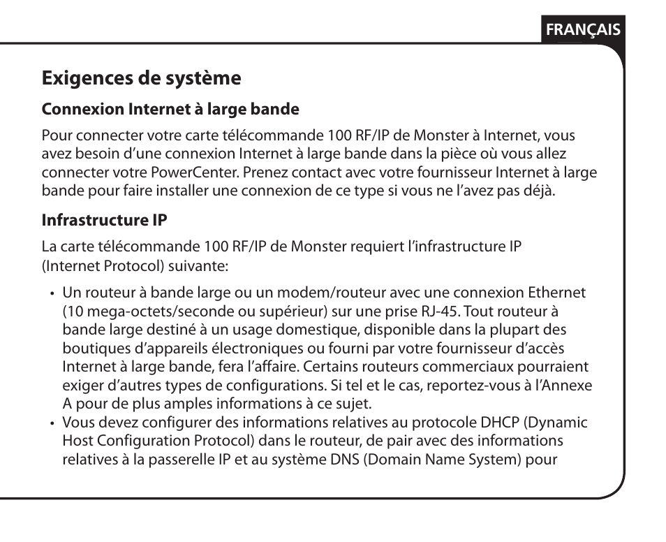 Exigences de système | Monster Remote Access RF/IP Card 100 User Manual | Page 19 / 50