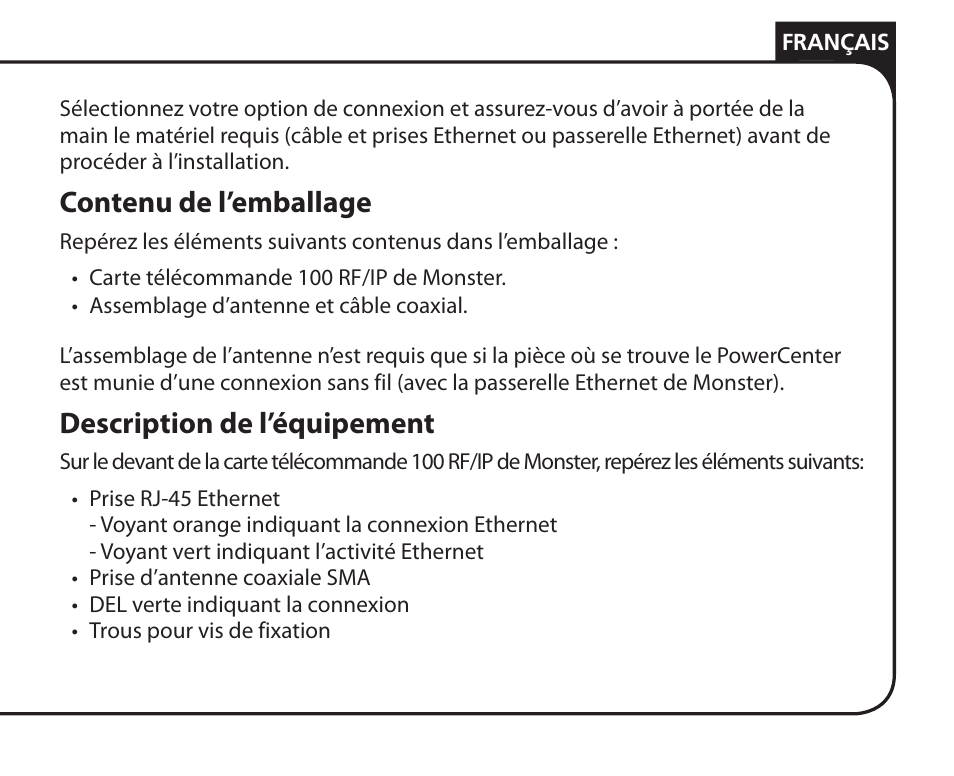 Contenu de l’emballage, Description de l’équipement | Monster Remote Access RF/IP Card 100 User Manual | Page 21 / 50
