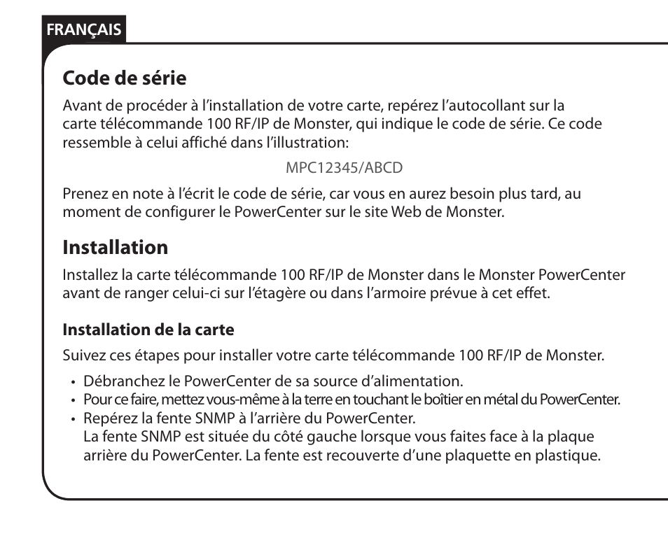 Code de série, Installation | Monster Remote Access RF/IP Card 100 User Manual | Page 22 / 50