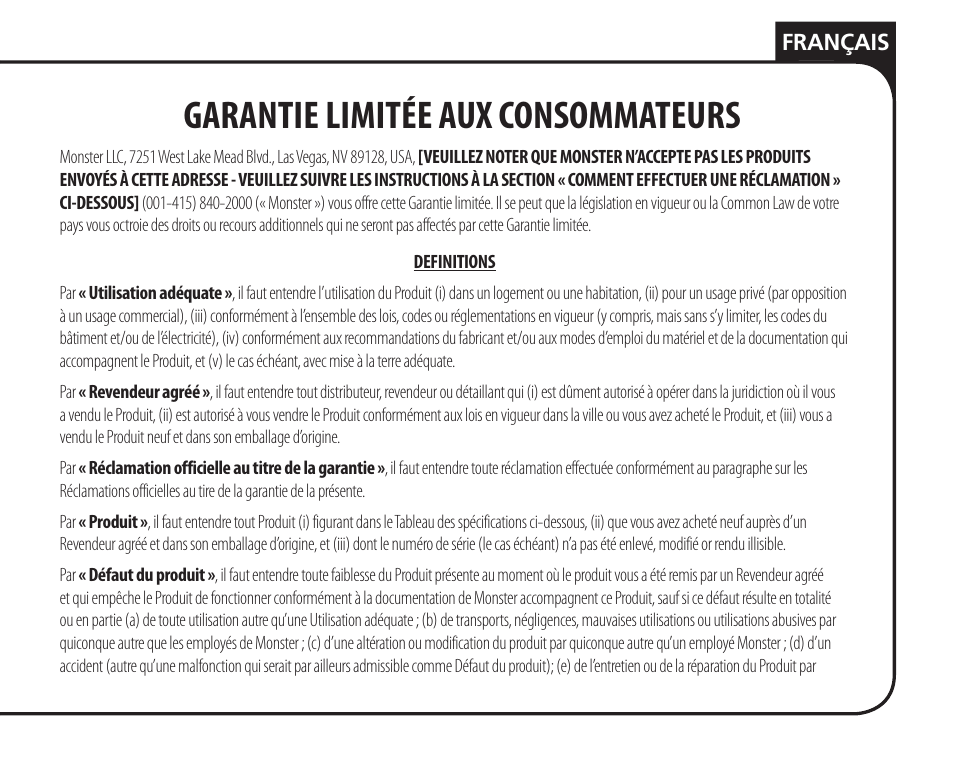 Garantie limitée aux consommateurs | Monster Remote Access RF/IP Card 100 User Manual | Page 29 / 50