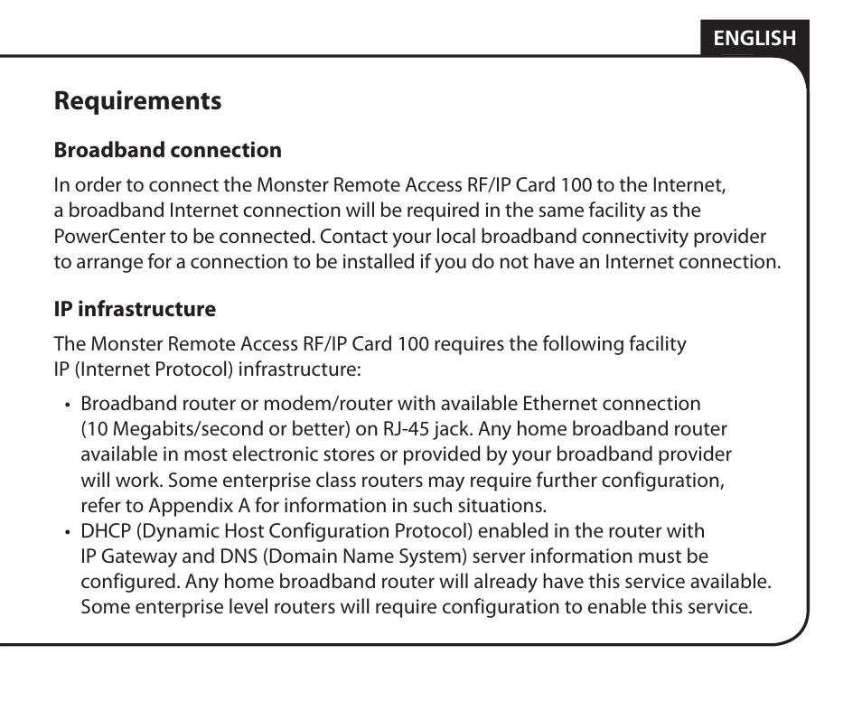 Requirements | Monster Remote Access RF/IP Card 100 User Manual | Page 3 / 50