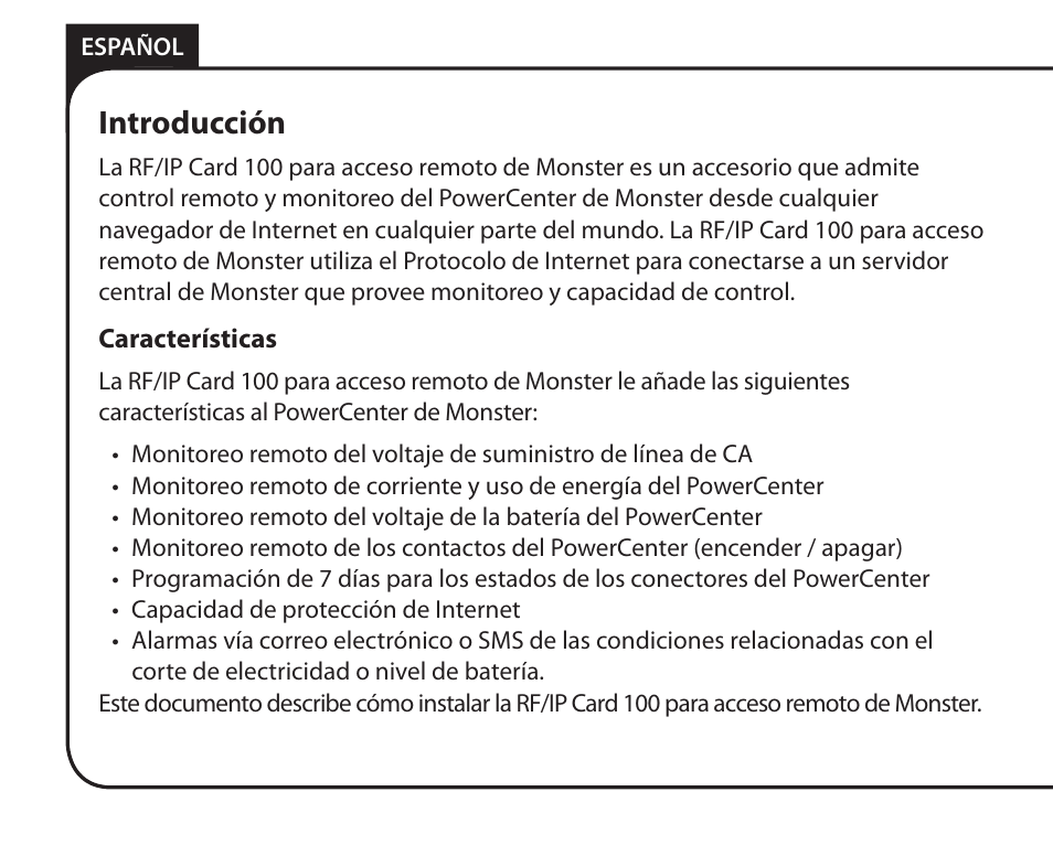 Introducción | Monster Remote Access RF/IP Card 100 User Manual | Page 34 / 50