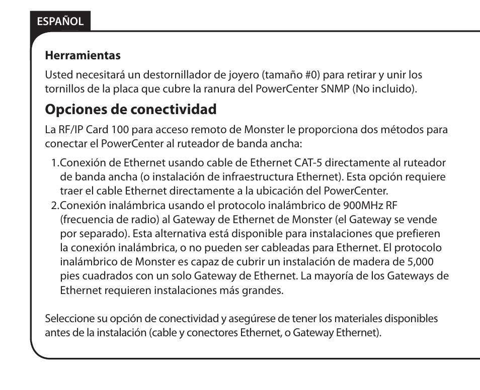 Opciones de conectividad | Monster Remote Access RF/IP Card 100 User Manual | Page 36 / 50