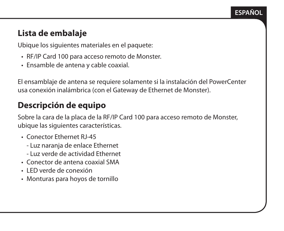 Lista de embalaje, Descripción de equipo | Monster Remote Access RF/IP Card 100 User Manual | Page 37 / 50