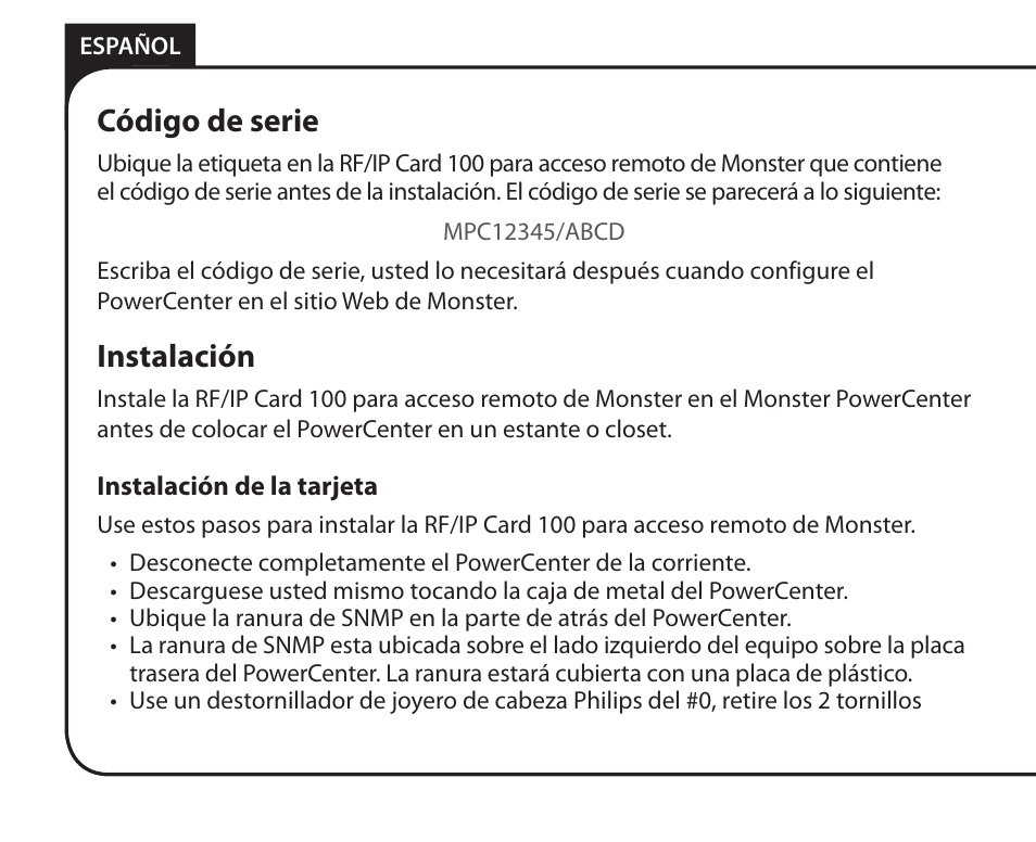 Código de serie, Instalación | Monster Remote Access RF/IP Card 100 User Manual | Page 38 / 50