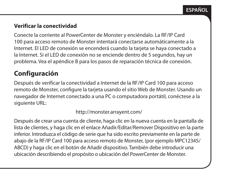 Configuración | Monster Remote Access RF/IP Card 100 User Manual | Page 41 / 50