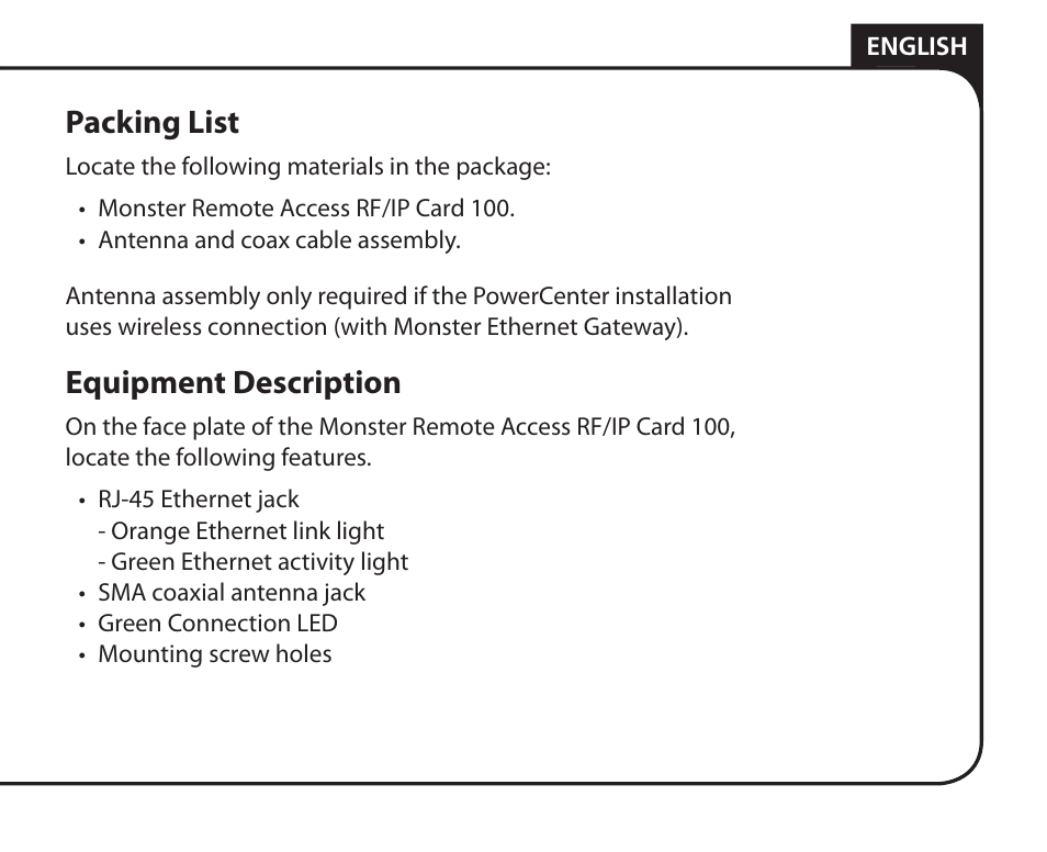 Packing list, Equipment description | Monster Remote Access RF/IP Card 100 User Manual | Page 5 / 50