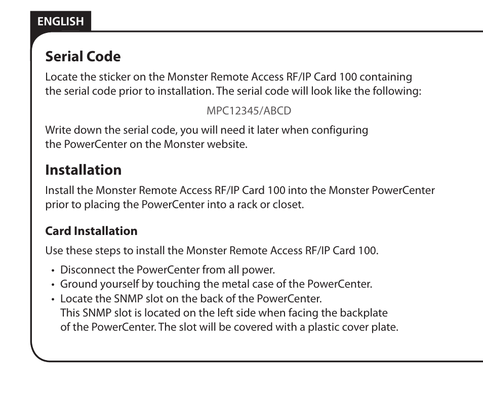 Serial code, Installation | Monster Remote Access RF/IP Card 100 User Manual | Page 6 / 50