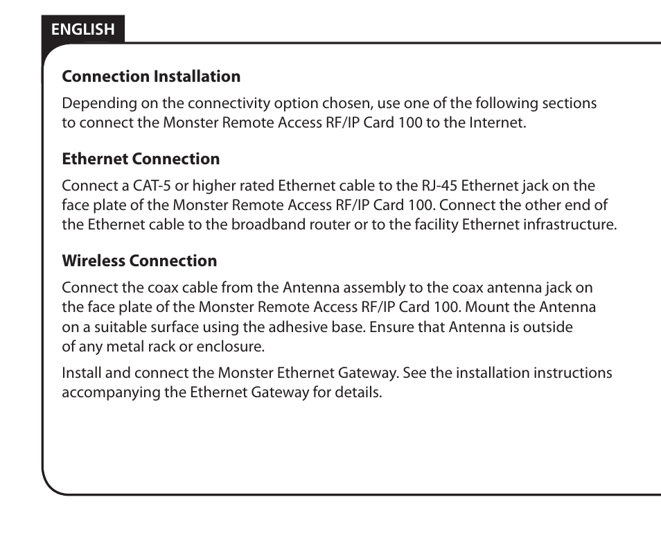 Monster Remote Access RF/IP Card 100 User Manual | Page 8 / 50