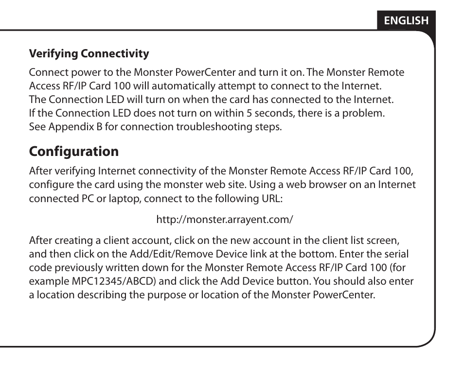 Configuration | Monster Remote Access RF/IP Card 100 User Manual | Page 9 / 50
