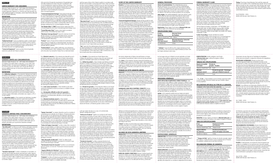 Monster FlatScreen PowerProtect 200 User Manual | 2 pages