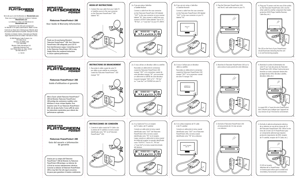 Flatscreen powerprotect, 200 user guide & warranty information, 200 instructions de branchement | Guide d’utilisation et garantie, Hook-up instructions, 200 de monster. flatscreen powerprotect | Monster FlatScreen PowerProtect 200 User Manual | Page 2 / 2