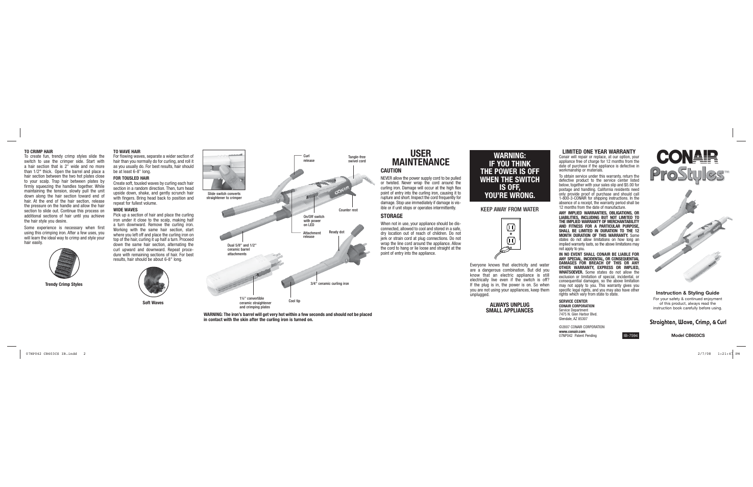Styles, User maintenance, Straighten, wave, crimp | Curl | Conair CB603CS User Manual | Page 2 / 2