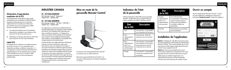 Industrie canada, Mise en route de la passerelle monster central, Installation de l’application | Ouvrir un compte, Indicateur de l’état de la passerelle, État de la del description | Monster PRT 100 MC User Manual | Page 11 / 25
