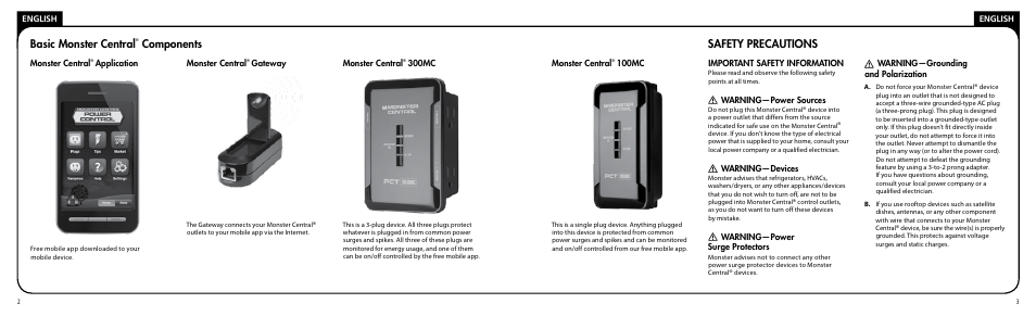 Basic monster central, Components safety precautions | Monster PRT 100 MC User Manual | Page 2 / 25