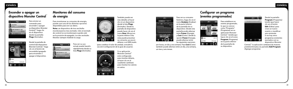 Monitoreo del consumo de energía, Configurar un programa (eventos programados), Encender o apagar un dispositivo monster central | Monster PRT 100 MC User Manual | Page 20 / 25