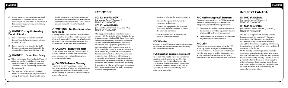 Fcc notice, Industry canada | Monster PRT 100 MC User Manual | Page 3 / 25