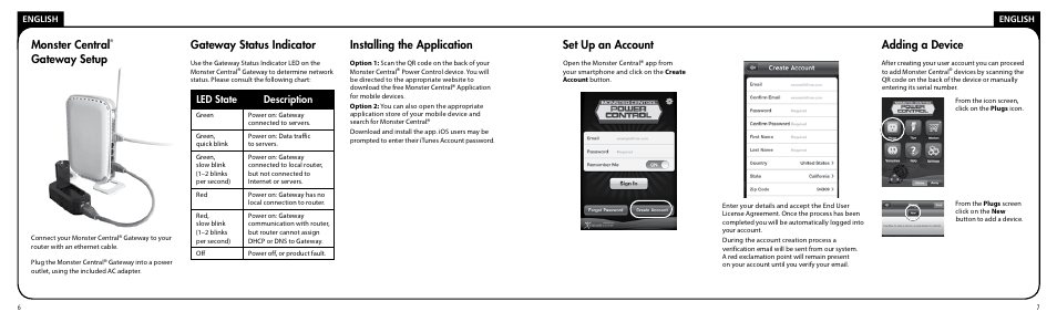 Monster central, Gateway setup, Installing the application | Gateway status indicator, Set up an account, Adding a device, Led state description | Monster PRT 100 MC User Manual | Page 4 / 25