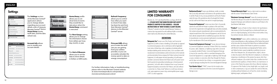 Limited warranty for consumers, Settings | Monster PRT 100 MC User Manual | Page 7 / 25