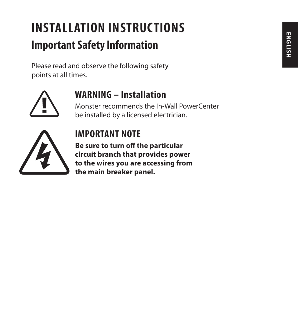 Installation instructions, Important safety information, Warning – installation | Monster FlatScreen SuperThin In-Wall PowerCenter 200 User Manual | Page 11 / 84