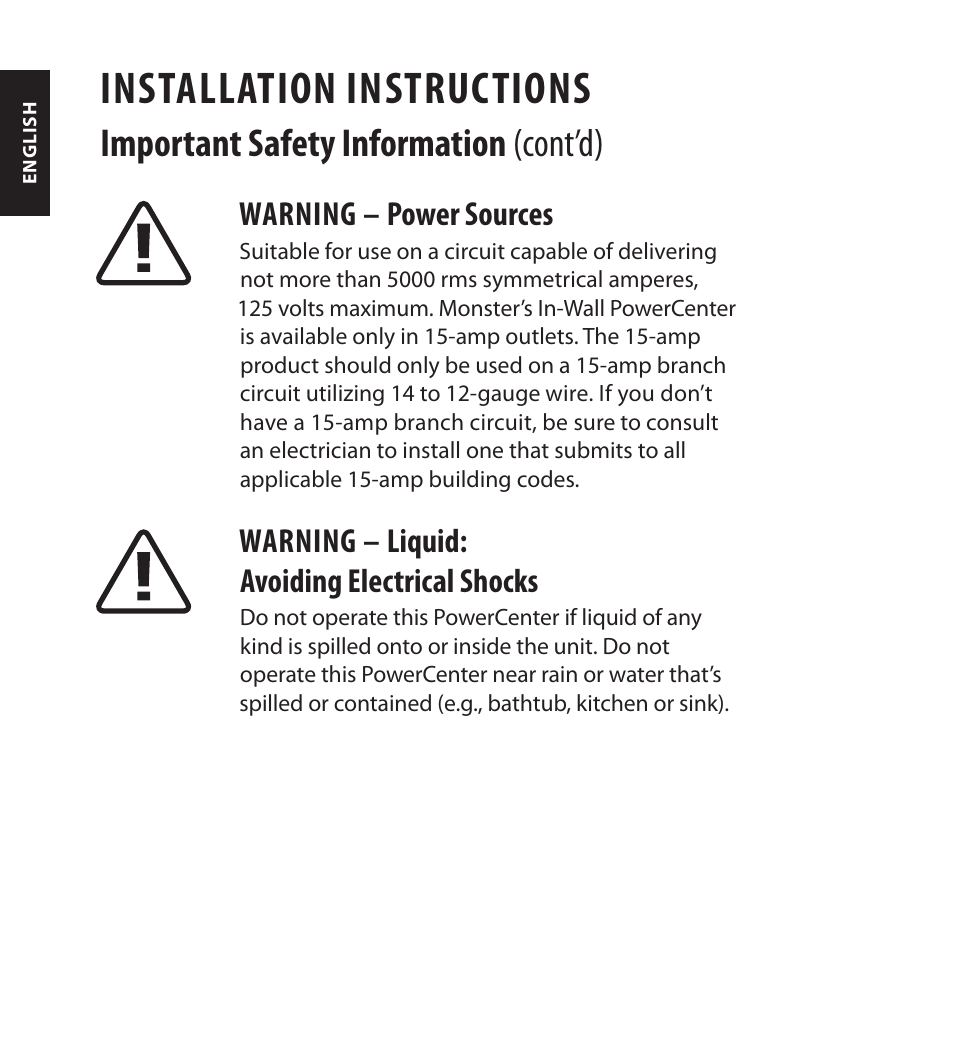 Installation instructions, Important safety information (cont’d), Warning – power sources | Warning – liquid: avoiding electrical shocks | Monster FlatScreen SuperThin In-Wall PowerCenter 200 User Manual | Page 12 / 84