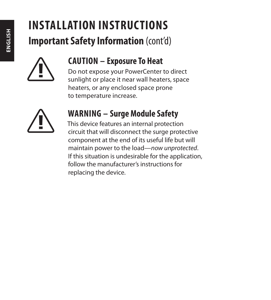 Installation instructions, Important safety information (cont’d), Caution – exposure to heat | Warning – surge module safety | Monster FlatScreen SuperThin In-Wall PowerCenter 200 User Manual | Page 14 / 84