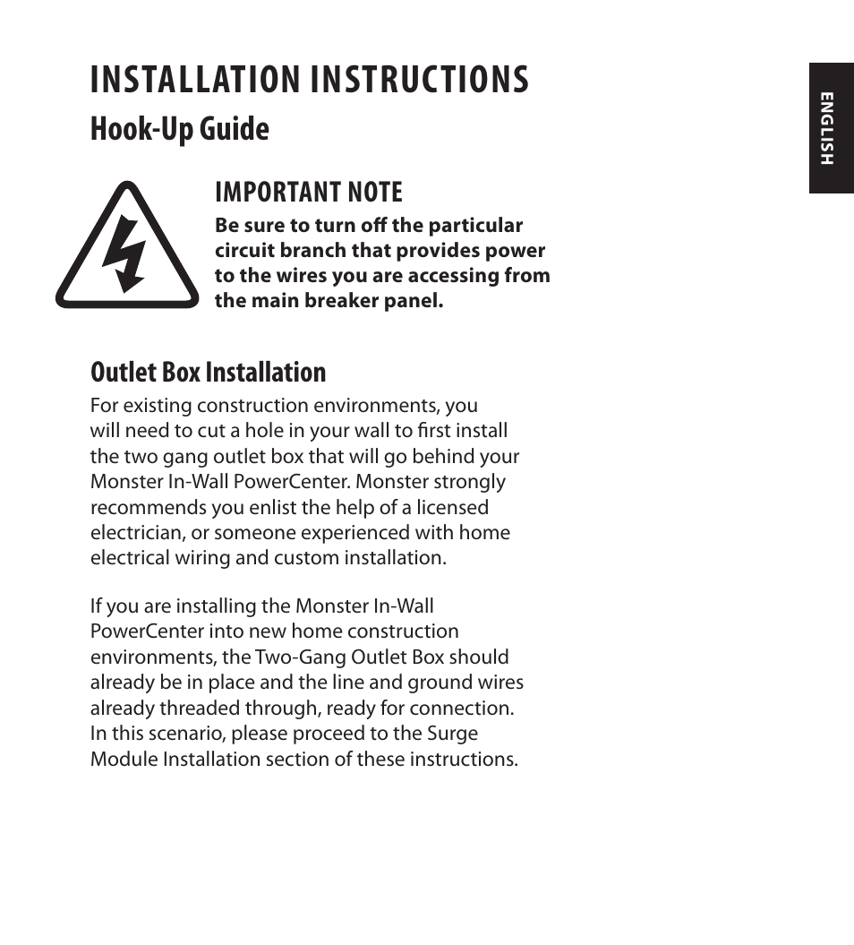 Installation instructions, Hook-up guide, Outlet box installation | Monster FlatScreen SuperThin In-Wall PowerCenter 200 User Manual | Page 15 / 84