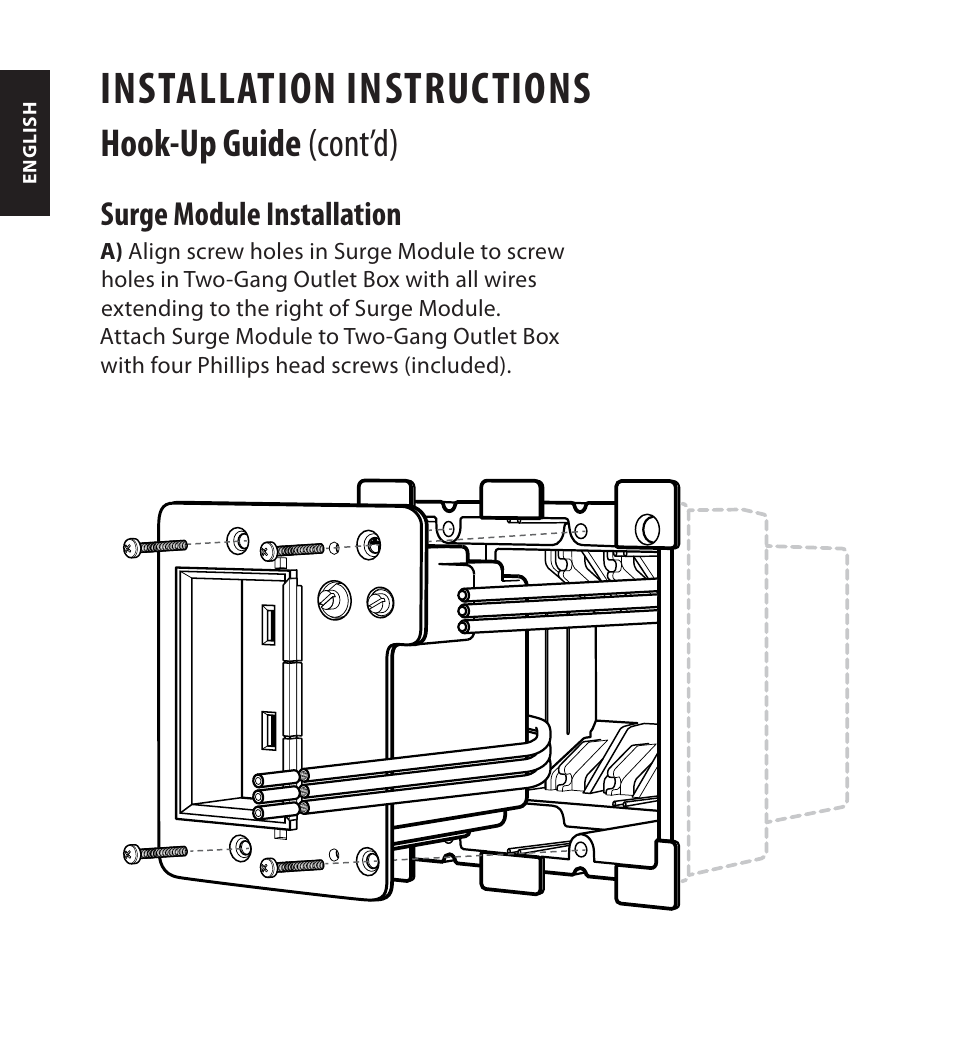 Installation instructions, Hook-up guide (cont’d), Surge module installation | Monster FlatScreen SuperThin In-Wall PowerCenter 200 User Manual | Page 20 / 84