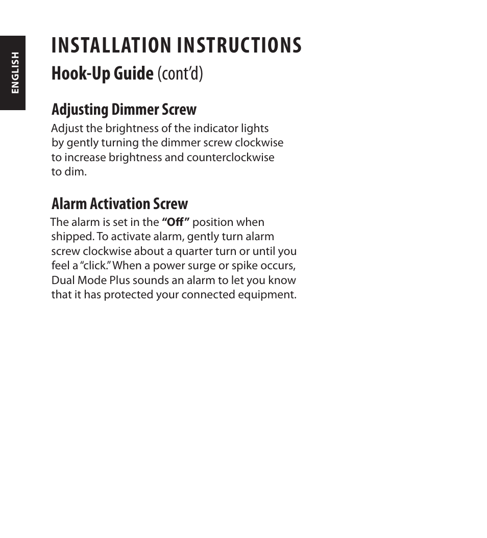 Installation instructions, Hook-up guide (cont’d), Adjusting dimmer screw | Alarm activation screw | Monster FlatScreen SuperThin In-Wall PowerCenter 200 User Manual | Page 24 / 84