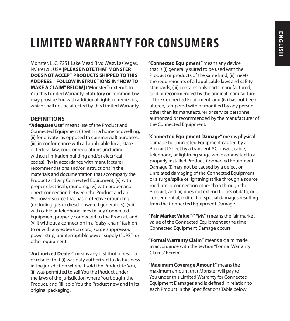 Limited warranty for consumers | Monster FlatScreen SuperThin In-Wall PowerCenter 200 User Manual | Page 25 / 84