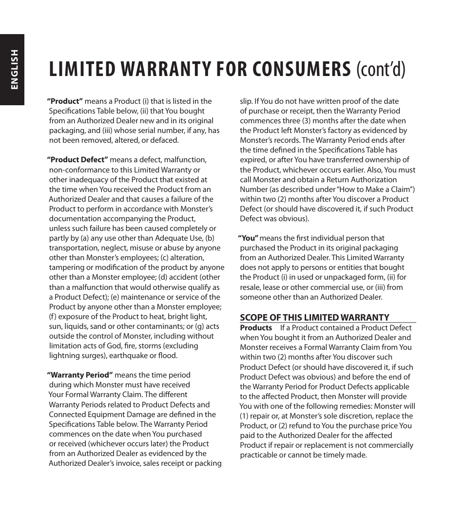 Limited warranty for consumers (cont’d) | Monster FlatScreen SuperThin In-Wall PowerCenter 200 User Manual | Page 26 / 84